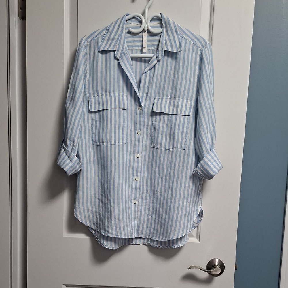 Babaton Blue and White Striped Button-Up Linen Shirt
